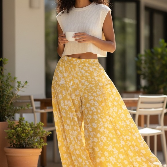 Yellow Floral Boho Wide Leg Pants Cottagecore Coastal Summer Elastic Waist Fairy - Picture 5 of 7
